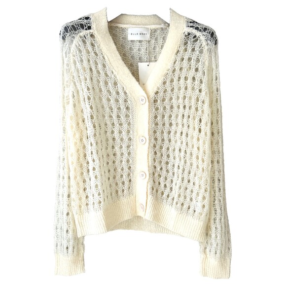 Elle Grey Womens Angora Crochet V Neck Cardigan Cream Boho Cottagecore NWT - Picture 1 of 15
